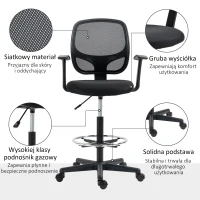 Vinsetto rysunek krzesło z podnóżkiem 5 kół regulowana wysokość siatki stalowej tkaniny czarny(m-7)