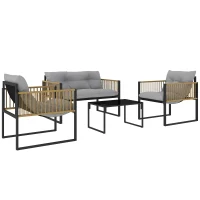 Outsunny Conjunto de Jardim de Vime Sintético de 4 Peças  Inclui Sofá de 2 Lugares 2 Poltronas 1 Mesa de Centro  Cinza e Madeira(m-1)