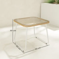 Outsunny Mesa de Jardim de Vime Sintético com Bancada de Vidro Temperado e Pés Ajustáveis 50x50x44 cm Madeira e Branca(m-3)