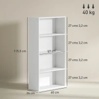 HOMCOM Estante de 4 Níveis Estante para Livros com 2 Prateleiras Ajustáveis para Sala de Estar Escritório Quarto 60x24x115,5 cm Branco(m-3)