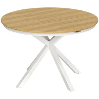 Outsunny Mesa de Jardim Redonda Mesa de Exterior Ø118x74 cm com Estrutura de Alumínio Pés Cruzados e Bancada em Ripas Madeira e Branco(m-1)