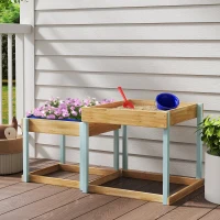 AIYAPLAY 2 PCS Wooden Outdoor Sand and Water Play Tables with Bottom Liner for Kids Aged 3-8 Years Old, Natural Wood Finish(m-8)