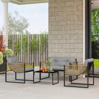 Outsunny Conjunto de Jardim de Vime Sintético de 4 Peças  Inclui Sofá de 2 Lugares 2 Poltronas 1 Mesa de Centro  Cinza e Madeira(m-2)