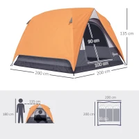 Outsunny Tenda de Campismo para  2-3 Pessoas Dobrável com Bolsa de Transporte 200x200x135 cm Laranja e Cinza(m-3)