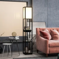 HOMCOM Lampa Stojąca z 3-Poziomową Półką, Przełącznikiem Nożnym, Portami USB, MDF, Czarny(m-8)