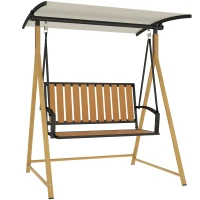 Outsunny Baloiço de Jardim de 2 Lugares com Toldo Ajustável e Estrutura de Metal Carga 240 kg 142x112x162 cm Madeira e Creme(m-1)