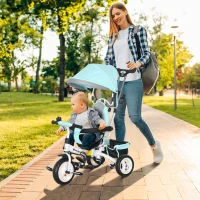 HOMCOM Triciclo Evolutivo para Bebés de +12 Meses 2 em 1 com Toldo Dobrável Guiador Cinto de Segurança e Cesto 95x50x106 cm Verde Mint(m-2)