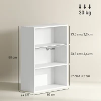 HOMCOM Estante de 3 Níveis Estante para Livros com 2 Prateleiras Ajustáveis para Sala de Estar Escritório Quarto 60x24x80 cm Branco(m-3)