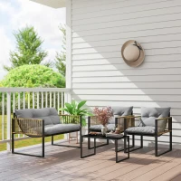 Outsunny Conjunto de Jardim de Vime Sintético de 4 Peças  Inclui Sofá de 2 Lugares 2 Poltronas 1 Mesa de Centro  Cinza e Madeira(m-9)