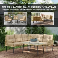 Outsunny Salotto da Giardino in Rattan 2 Divanetti e Poltrona Angolare con Cuscini, Tavolino in Vetro, Colore Legno(m-4)