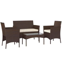 Outsunny Conjunto de Jardim em Vime com Almofadas Móveis de Exterior com 2 Poltronas Sofá de 2 Lugares Mesa com Vidro Marrom e Bege(m-1)