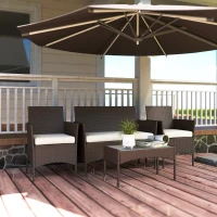 Outsunny Conjunto de Jardim em Vime com Almofadas Móveis de Exterior com 2 Poltronas Sofá de 2 Lugares Mesa com Vidro Marrom e Bege(m-8)