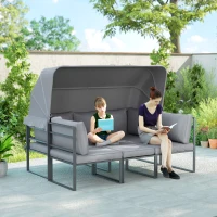 Outsunny Buitenmeubelset, 3-zits Sofa met Baldakijn, 2 Stoelen, Glazen Salontafel, 12 Kussens, Stalen Frame, Grijs(m-2)