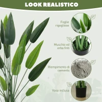 HOMCOM Pianta Artificiale Verde di Uccello del Paradiso da 20 Foglie di 140 cm con Vaso, in PE, PEVA e PP(m-4)