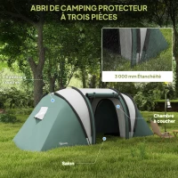 Outsunny Tente de camping familiale 4-5 personnes avec 2 chambres 3000 mm imperméable et ventilée, sac de transport, vert(m-4)