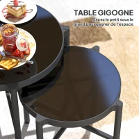 Outsunny Lot de 2 tables basse gigogne de jardin tables basses de jardin avec plateau en verre trempé, cadre en aluminium noir(m-4)
