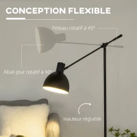 HOMCOM Lampadaire sur pied salon 40 W hauteur réglable, abat-jour et bras orientable, interrupteur à pied, culot E27, noir(m-4)