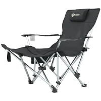 Outsunny Chaise de camping pliante fauteuil de pêche avec repose-pied amovible, appui-tête, porte-gobelet, sac de transport noir(m-1)