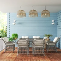 Outsunny Rattan Dining Set with Seat and Back Cushions, 6 Seater Garden Furniture Set with Aluminium Frame, 6 Chairs, WPC Top Rectangle Table, Conservatory Wicker Patio Furniture, Grey(m-9)