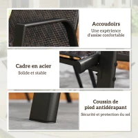 Outsunny Lot de 4 chaises de jardin empilables, fauteuil d'extérieur avec accoudoirs et revêtement en résine tressée marron(m-7)