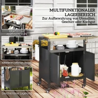 Outsunny Grillwagen met 3 Niveaus Serveerwagen met Werkblad Schrank Haken Wieltjes 116x50x93cm Zwart(m-4)