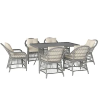 Outsunny Rattan Dining Set with Seat and Back Cushions, 6 Seater Garden Furniture Set with Aluminium Frame, 6 Chairs, WPC Top Rectangle Table, Conservatory Wicker Patio Furniture, Grey(m-1)