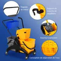 HOMCOM Chariot de ménage chariot de lavage essoreuse latérale seau 26 L + panier de rangements 78 x 45 x 95 cm jaune(m-6)