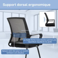 HOMCOM Chaise de bureau en maille sans roulettes, base en traîneau, pour salle de conférence, attente, réception, noir(m-4)