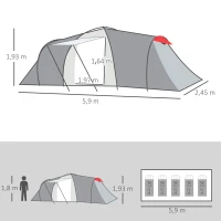 Outsunny Campingtent voor 4 Personen, met Luifel, 2 Slaapkamers, Vensters, Accessoires, Grijs(m-3)