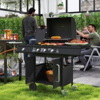 Outsunny Verrijdbare Gasbarbecue met Opbergruimte, Zijtafel, Zijbrander, Warmhoudrek, Thermometer, Roestvrijstaal, Zwart(m-2)