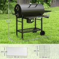 Outsunny Charcoal BBQ Grill with Foldable Front Side Shelf, Portable Barbecue Smoker with Warming Rack, Bottom Shelf, Lid, Temperature Gauge, Wheels for Outdoor Cooking Garden Party, Black(m-3)