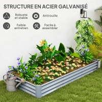 Outsunny Carré potager rectangulaire, lit de jardin surélevé en acier galvanisé, fond ouvert, 240 x 120 x 30 cm, gris argenté(m-5)