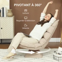HOMCOM Fauteuil relax fauteuil salon design capitonné inclinaison dossier réglable pivotant 360° revêtement lin beige(m-5)