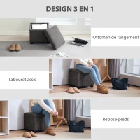 HOMCOM Coffre pouf rangement 30 L avec couvercle amovible, ottoman cube rembourré en velours côtelé, 40 x 40 x 40 cm, gris(m-6)