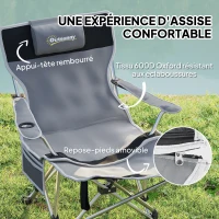 Outsunny Chaise de camping pliante fauteuil de pêche avec repose-pied amovible, appui-tête, porte-gobelet, sac de transport gris(m-4)