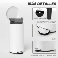 HOMCOM Papelera de Cocina 30L con Pedal Tapa de Cierre Suave y Cubo Extraíble para Dormitorio Oficina Estudio Salón Crema(m-7)