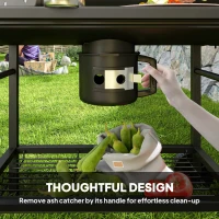 Outsunny Charcoal BBQ Grill with Foldable Front Side Shelf, Portable Barbecue Smoker with Warming Rack, Bottom Shelf, Lid, Temperature Gauge, Wheels for Outdoor Cooking Garden Party, Black(m-8)