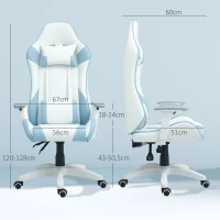 HOMCOM Cadeira Gaming Reclinável com Almofada Lombar Apoio de Cabeça Basculante e Altura Ajustável 67x60x120-128 cm Branco e Azul(m-3)