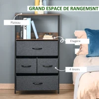 HOMCOM Commode chambre meuble de rangement 4 tiroirs en tissu pliables avec étagères ouvertes et cadre en métal, gris foncé(m-4)