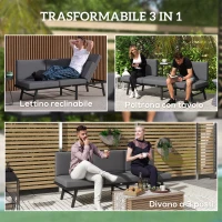 Outsunny Divano da Giardino 3 in 1 Reclinabile su 5 Posizioni con Cuscini, 180x63.5x68 cm, Grigio(m-4)