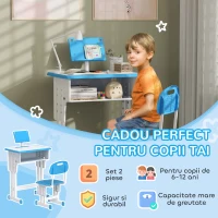 HOMCOM Banca pentru Copii 6-12 Ani, cu inaltime Reglabila, Suport pentru Carti si Raft, 60x45x90-102 cm, Albastru(m-4)