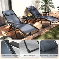 Outsunny Lot de 2 chaise longue pliable et inclinable avec table d'appoint, porte-gobelets et appuie-têtes, charge 120 kg, gris(m-8)