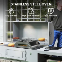 Outsunny 8 in Portable Stainless Steel BBQ Grill Top Pizza Oven with Built-in Thermometer and Viewing Window for Gas and Charcoal BBQ Grills, Includes Carry Handles, Pizza Stone and Peel, Silver Tone(m-7)