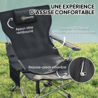 Outsunny Chaise de camping pliante fauteuil de pêche avec repose-pied amovible, appui-tête, porte-gobelet, sac de transport noir(m-4)
