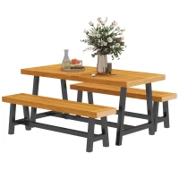 Outsunny Sitzgruppe 3-teilig Holz Essgruppe für 4 Personen Esstisch mit 2 Bänke Teak(m-10)