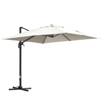 Outsunny Ombrellone a Sbalzo 3x3 m Inclinabile con Manovella e Base a Croce, in Acciaio e Poliestere, Bianco Crema(m-10)