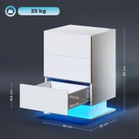 HOMCOM Comodino Moderno con Luce LED Regolabile con Telecomando e 3 Cassetti, 40x35x60 cm, Bianco Lucido(m-3)