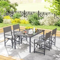 Outsunny 5-Delige Tuinset Stalen Eettafelset voor 4 met Opklapbare Stoelen en Glazen Tafel, Grijs(m-9)