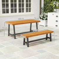 Outsunny Sitzgruppe 3-teilig Holz Essgruppe für 4 Personen Esstisch mit 2 Bänke Teak(m-3)