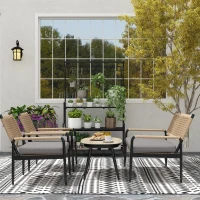 Outsunny Gartenmöbel Set aus Polyrattan Lounge-Set mit 2er Sofa Sessel Glastisch Kissen für 4 Personen Dunkelgrau+Gelb(m-9)
